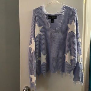 Forever 21 Distressed V-Neck Star Pattern Sweater